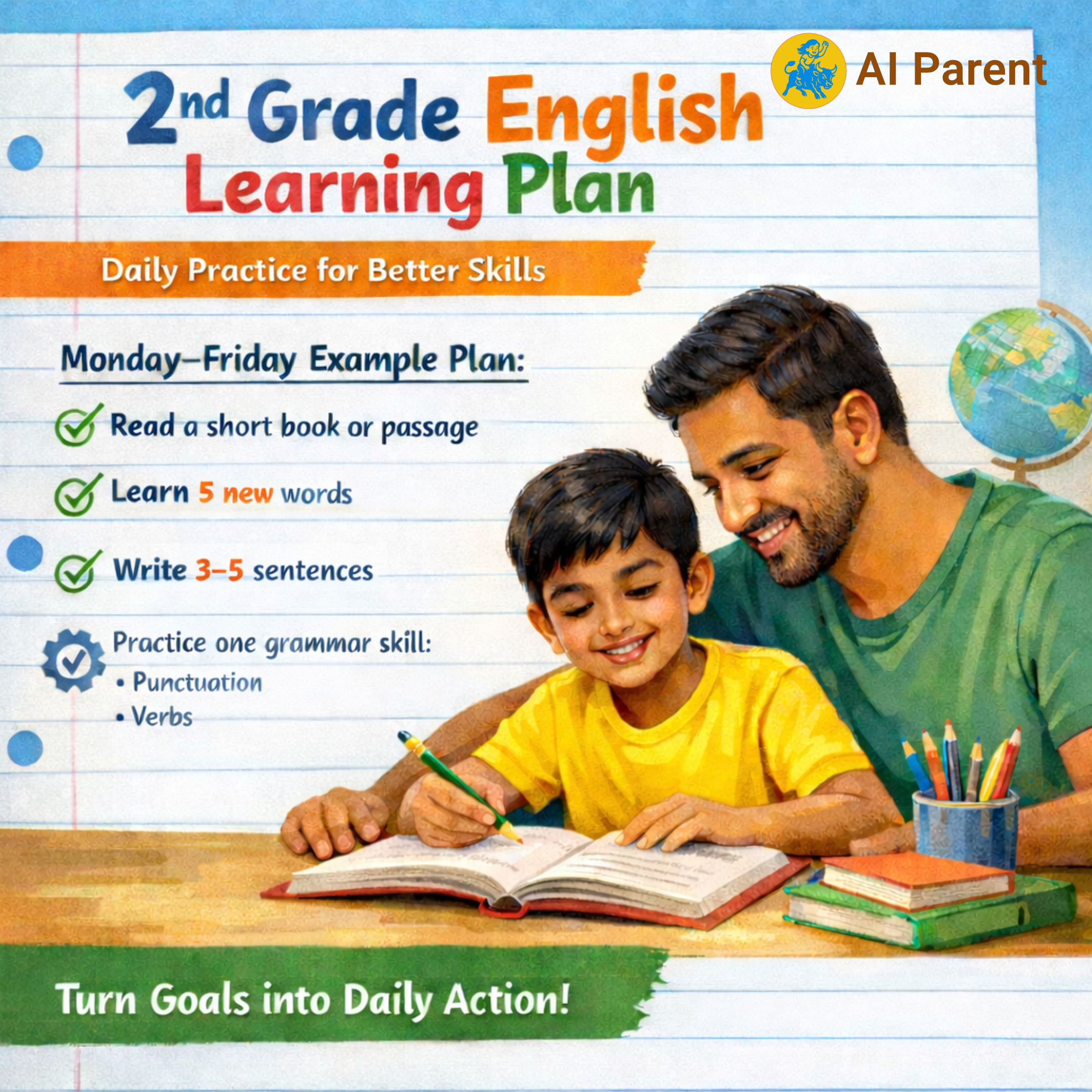 Dad and son learning English together using AI Parent