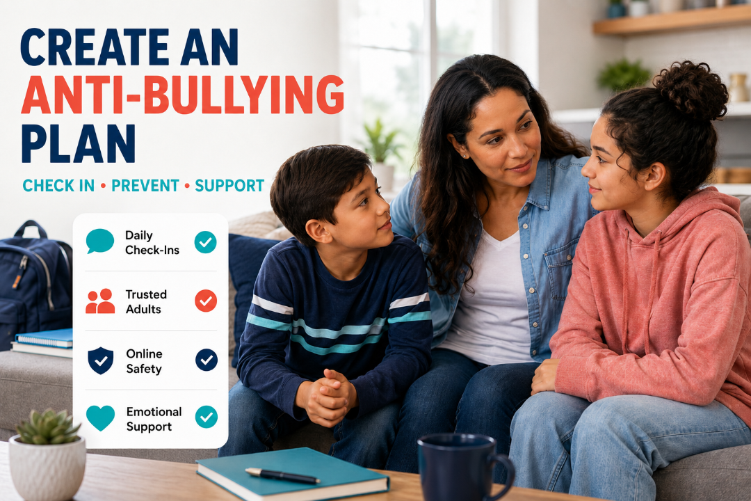 Parent supporting a child and teen with an anti-bullying check-in and prevention plan