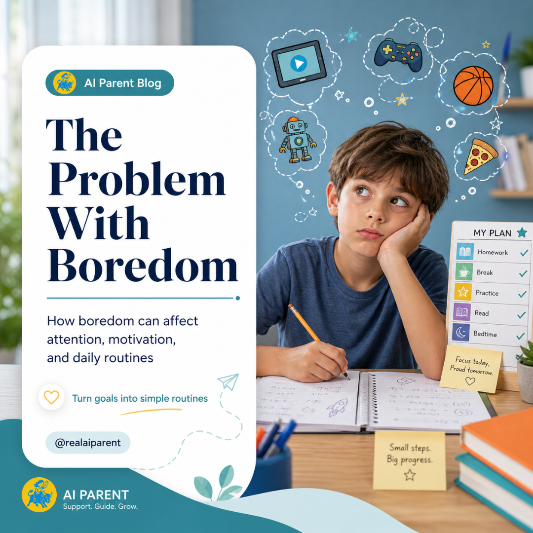 Child feeling bored while working on homework with a simple routine plan nearby