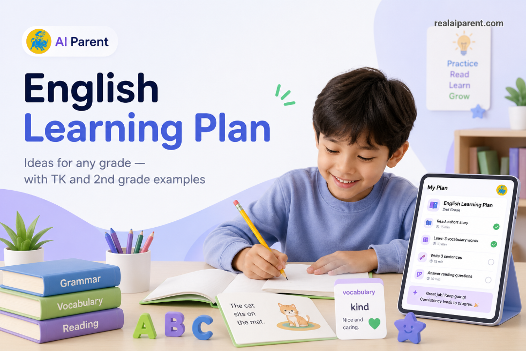 Child writing in a notebook with an English learning plan and AI Parent task list