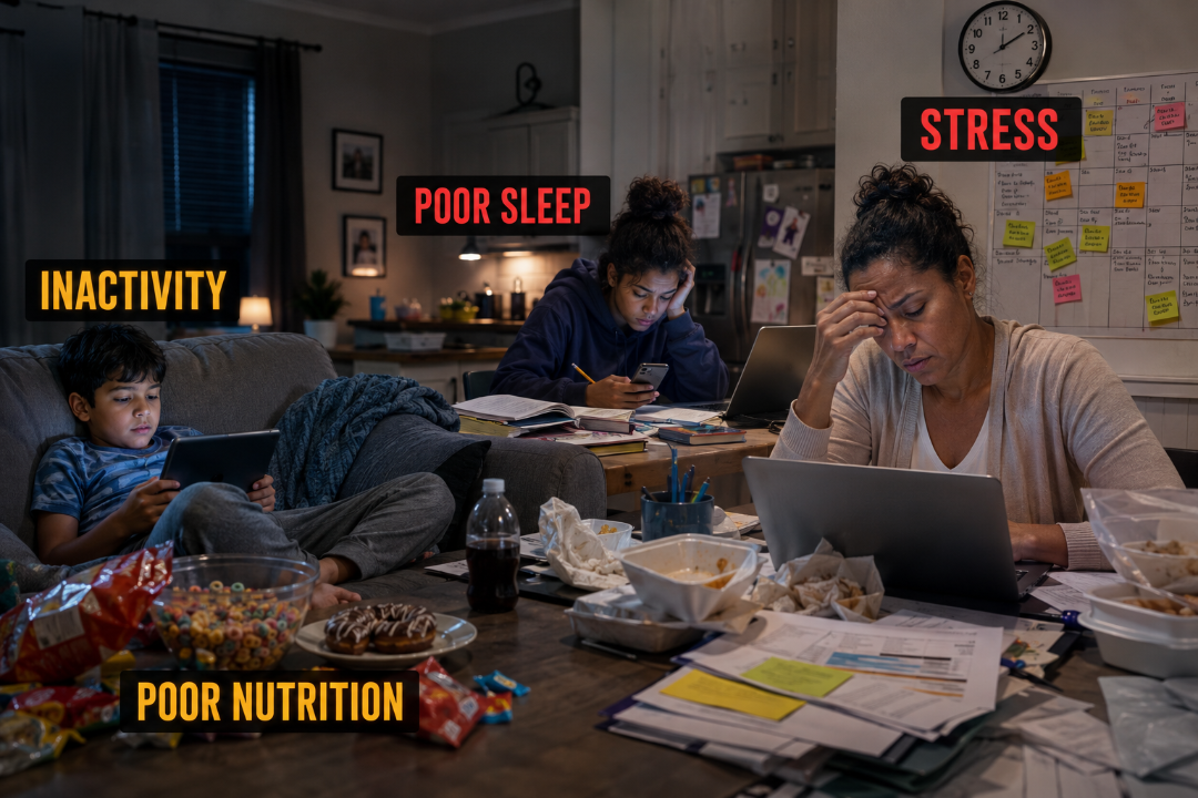 Family experiencing stress, poor sleep, teen pressure, and unhealthy habits