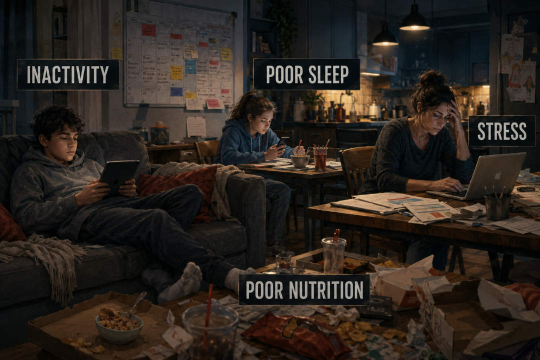 A family experiencing health and wellness challenges with nutrition, exercise, sleep, and stress. Need parenting help. Need a parenting app.