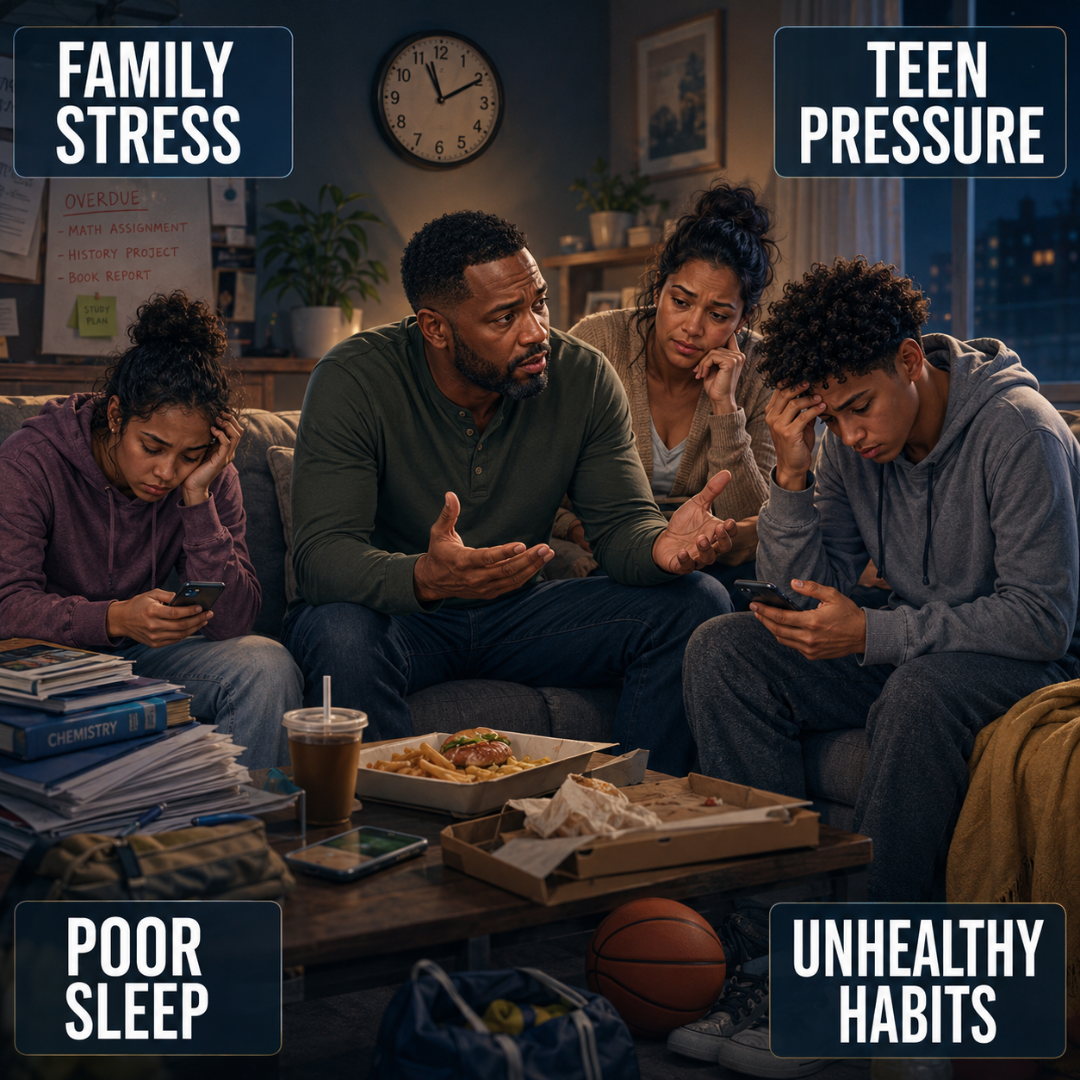 A family experiencing health and wellness challenges with nutrition, exercise, sleep, and stress. Need parenting help. Need a parenting app.