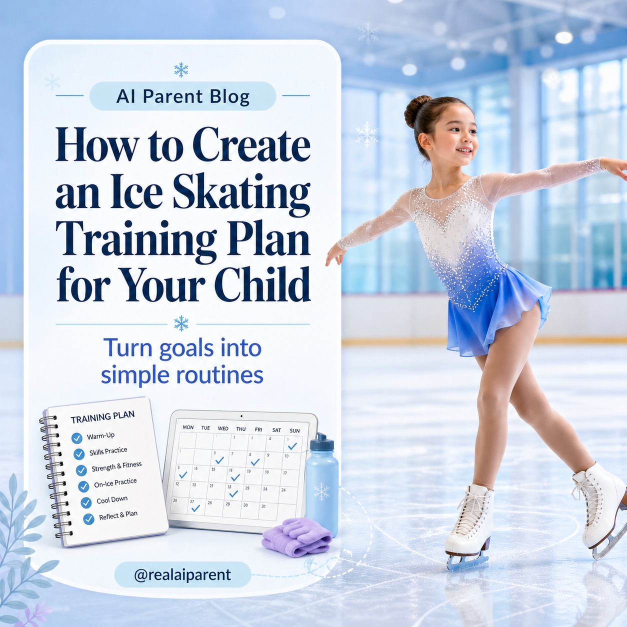 AI Parent blog graphic showing an ice skating training plan for a child