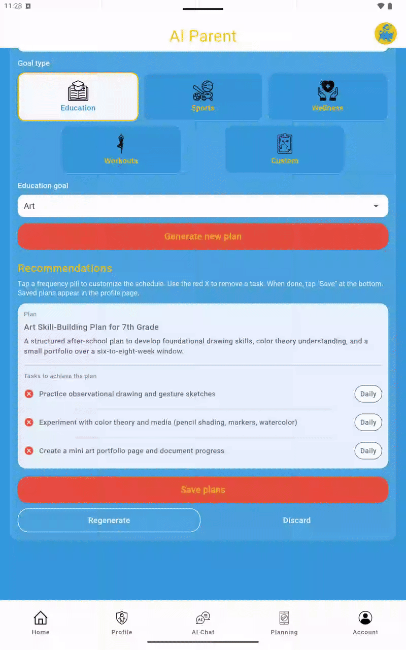 Reviewing an art plan in AI Parent
