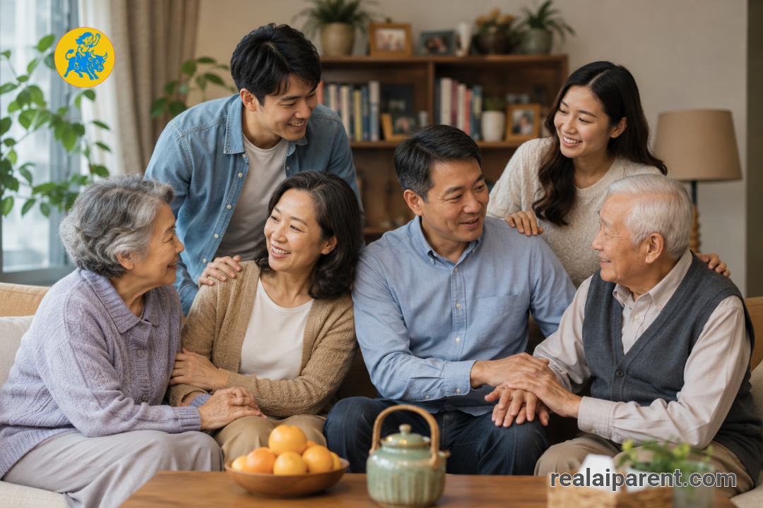 Older parents and young adult children together as a family, showing support across generations