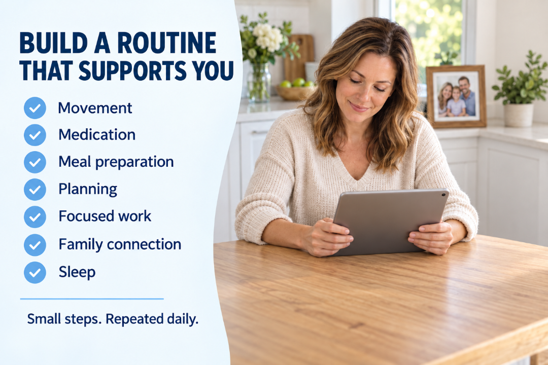 An adult using a tablet beside a checklist for movement, medication, meals, planning, work, family connection, and sleep