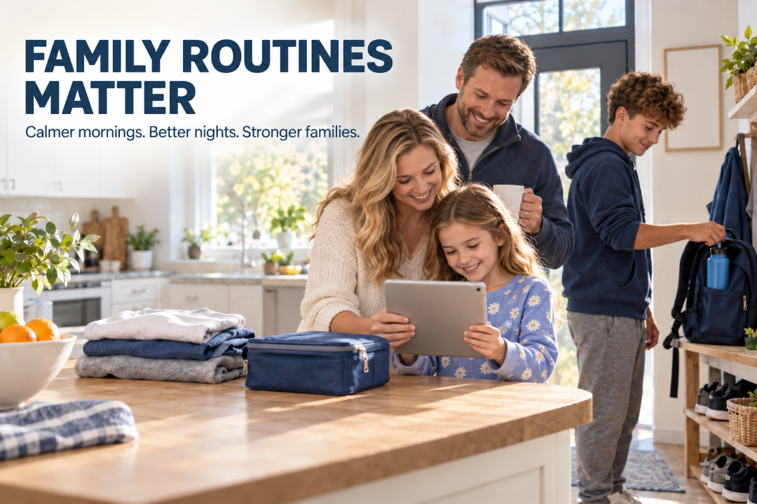 Family looking at a tablet together while building a consistent daily routine