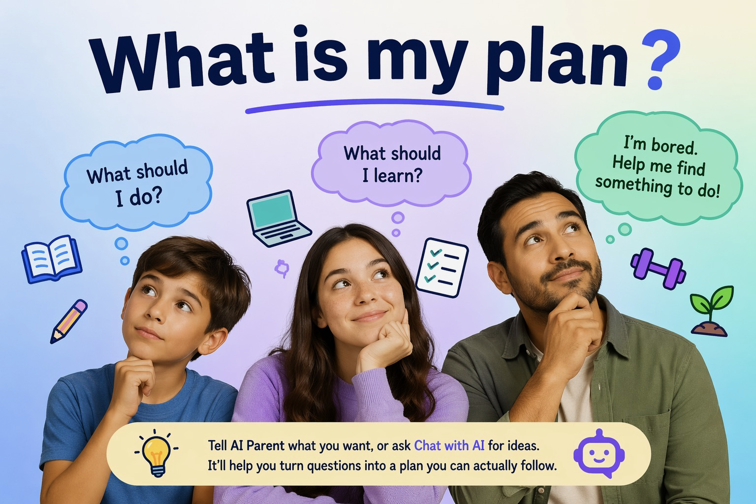 Child, teen, and adult thinking about what their plan should be