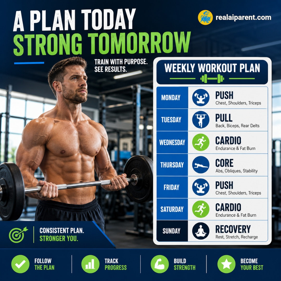 AI Parent blog graphic about having a workout plan in the gym to build strength and track progress.