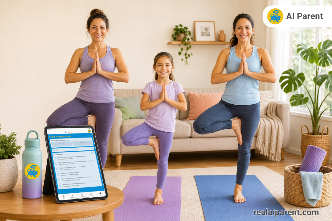 Two women and a young girl doing at-home yoga while using AI Parent to plan workouts