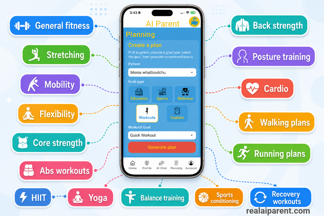 AI Parent workout goals screen showing workout plans to choose from, including fitness, stretching, mobility, cardio, yoga, sports conditioning, and recovery workouts