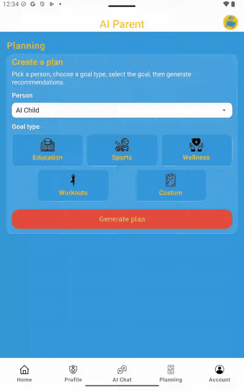 Creating a soccer plan in AI Parent. Planning page, select profile, choose Sports, select soccer, and generate plan.