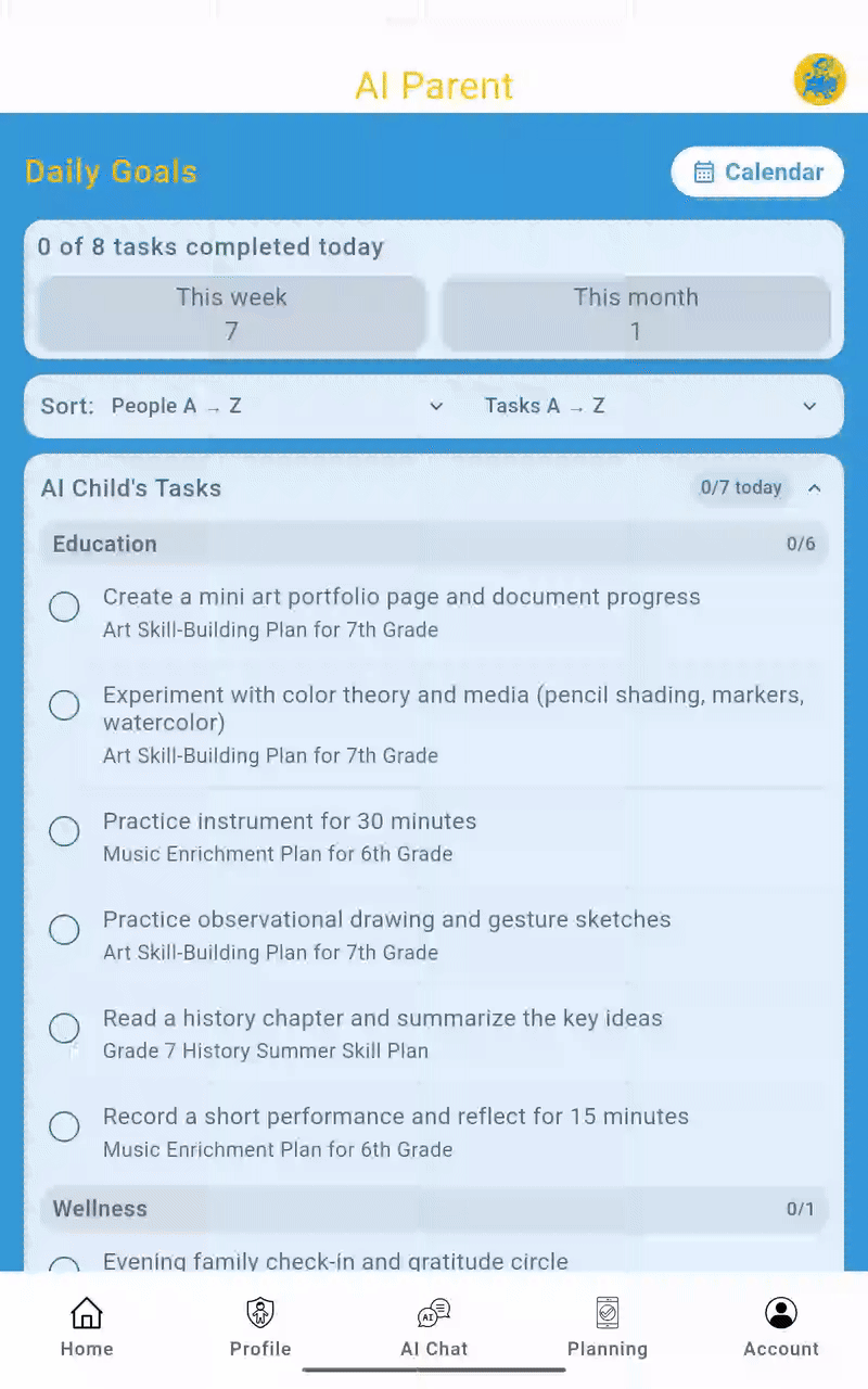 Homepage view and complete tasks. Following a plan in AI Parent