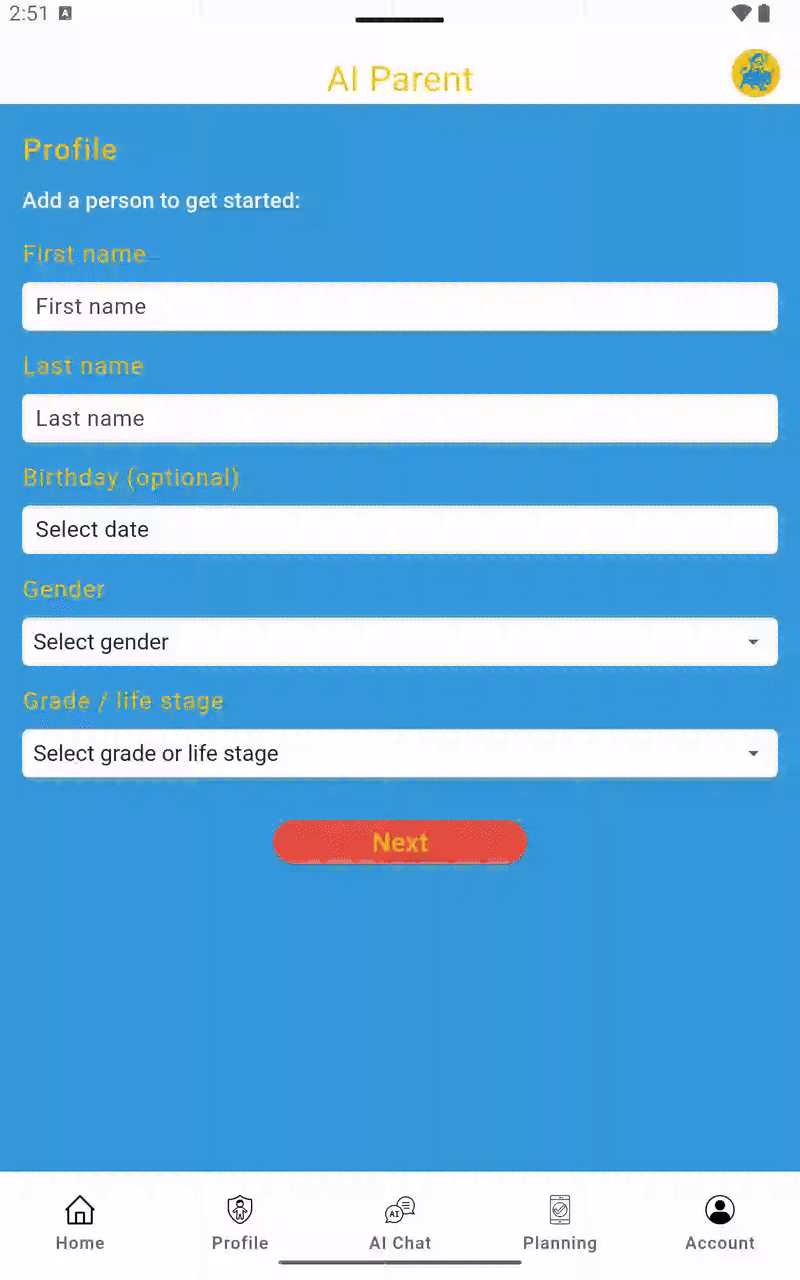 Making a profile in AI Parent