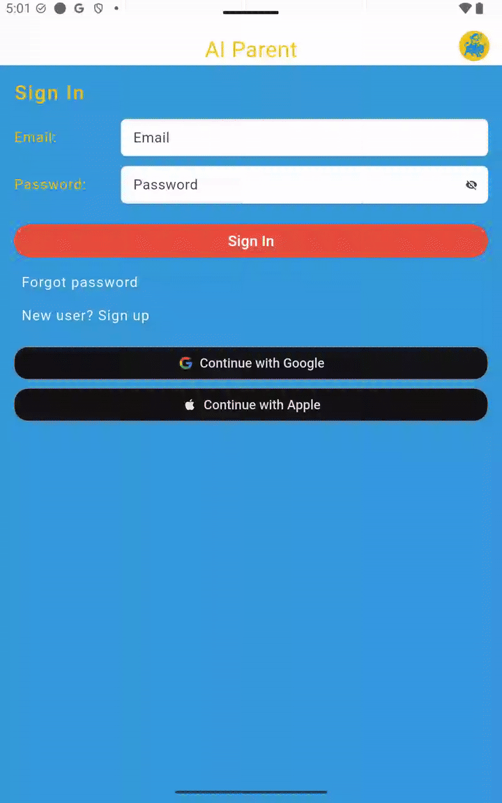 Creating an account in AI Parent. Signing up.