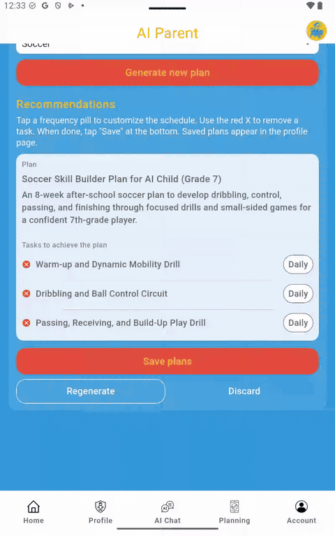 Creating a soccer plan in AI Parent. Review and edit tasks, schedule, and duration. Save the plan to the profile.