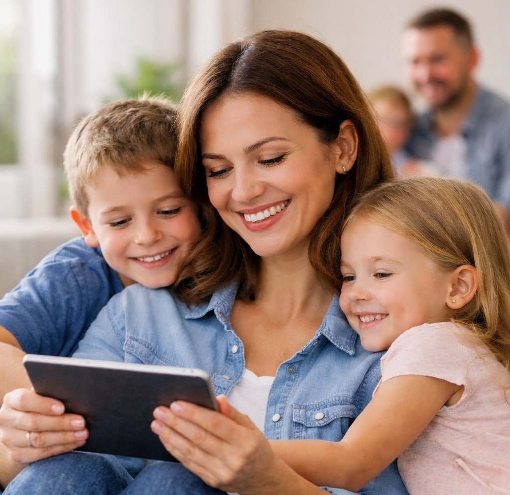 A parent and children using a tablet together